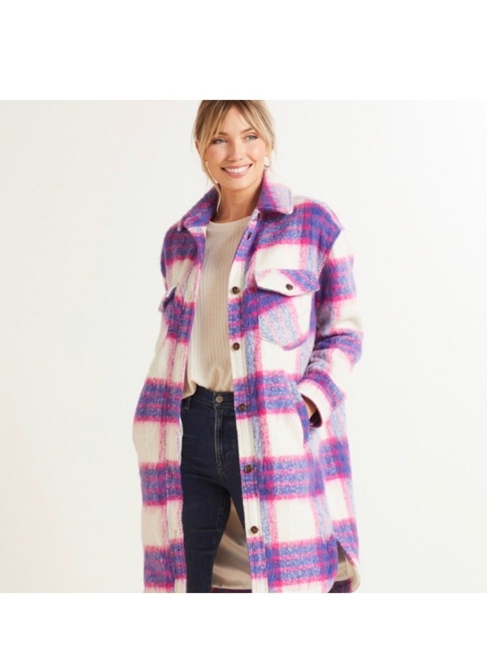 Blank NYC Pink & Purple Plaid Long Shacket Coat